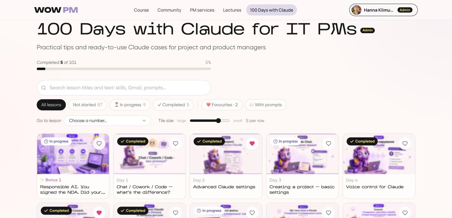 100 Days with Claude: lesson library with progress, search, favourites and filters